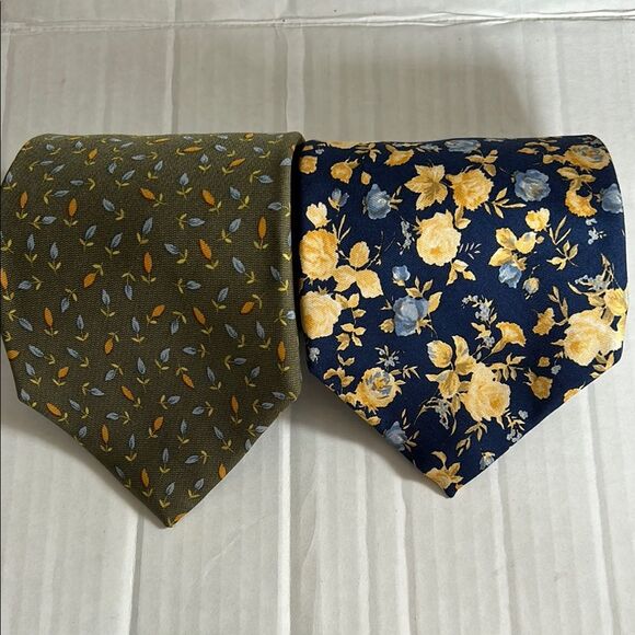 LAUREN RALPH LAUREN BROOKS Green Blue Yellow Silk Ties Floral Made in USA - Picture 1 of 8